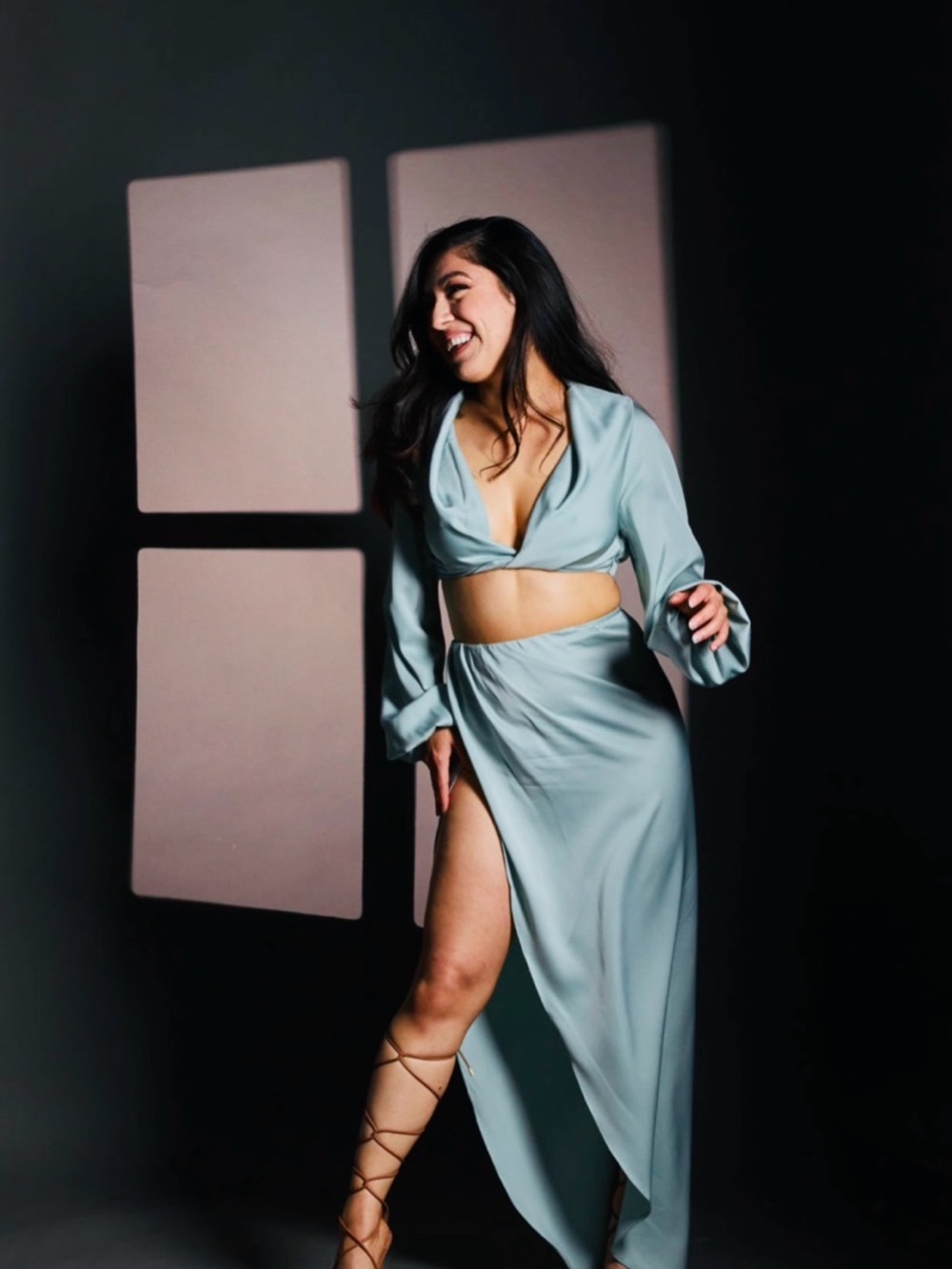 Light Blue Two-Piece Satin Sleep Set with High Slit